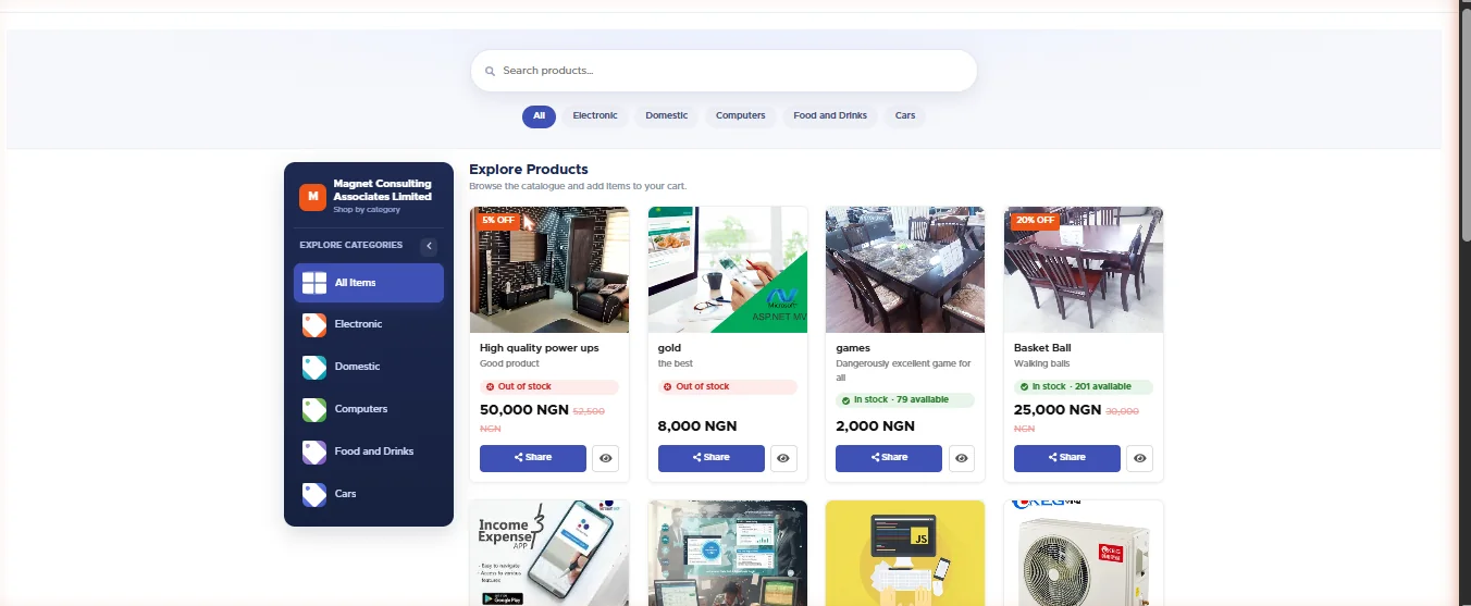 Customer-facing storefront with a search box, category chips, a category sidebar, and product cards showing photos, prices, discount badges and in-stock or out-of-stock labels