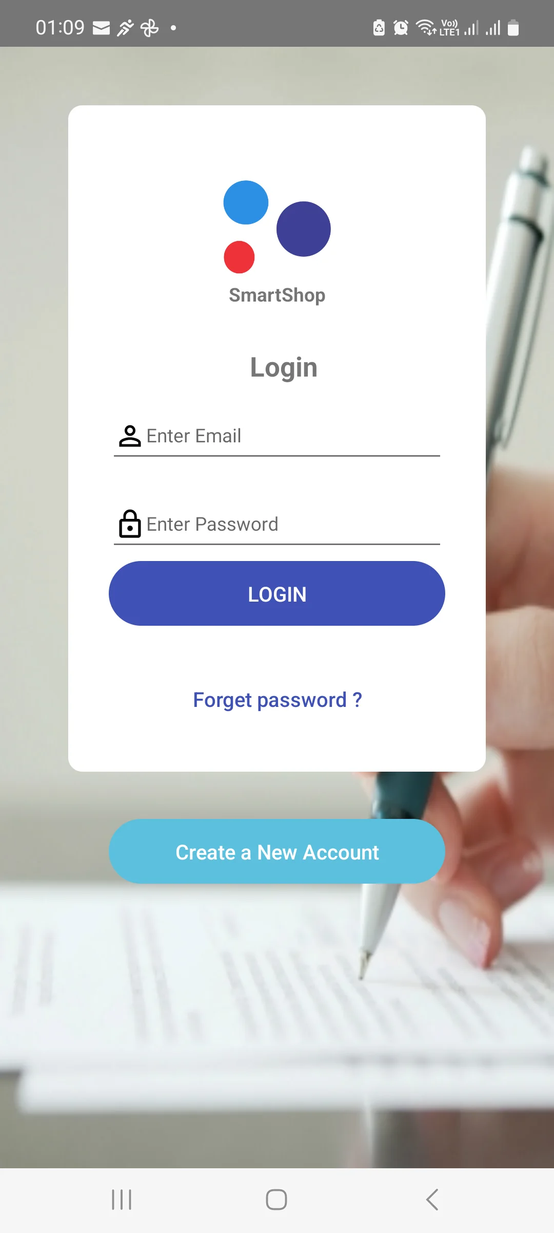 SmartShop Android login screen with Enter Email and Enter Password fields, a LOGIN button, a Forget password link and a Create a New Account button