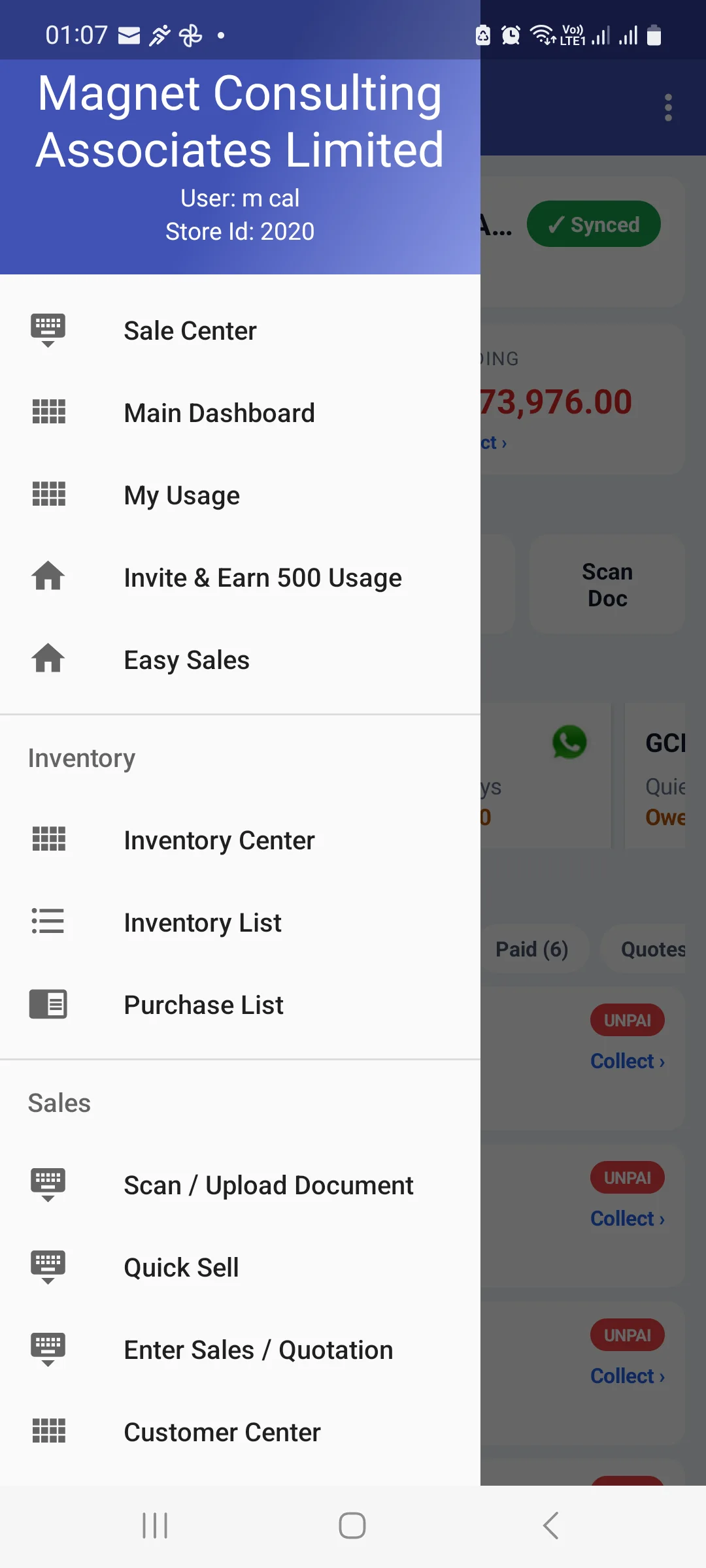 Android navigation drawer showing the store name, user and store id at the top, and menu items Sale Center, Main Dashboard, My Usage, Invite and Earn, Easy Sales, then Inventory and Sales groups