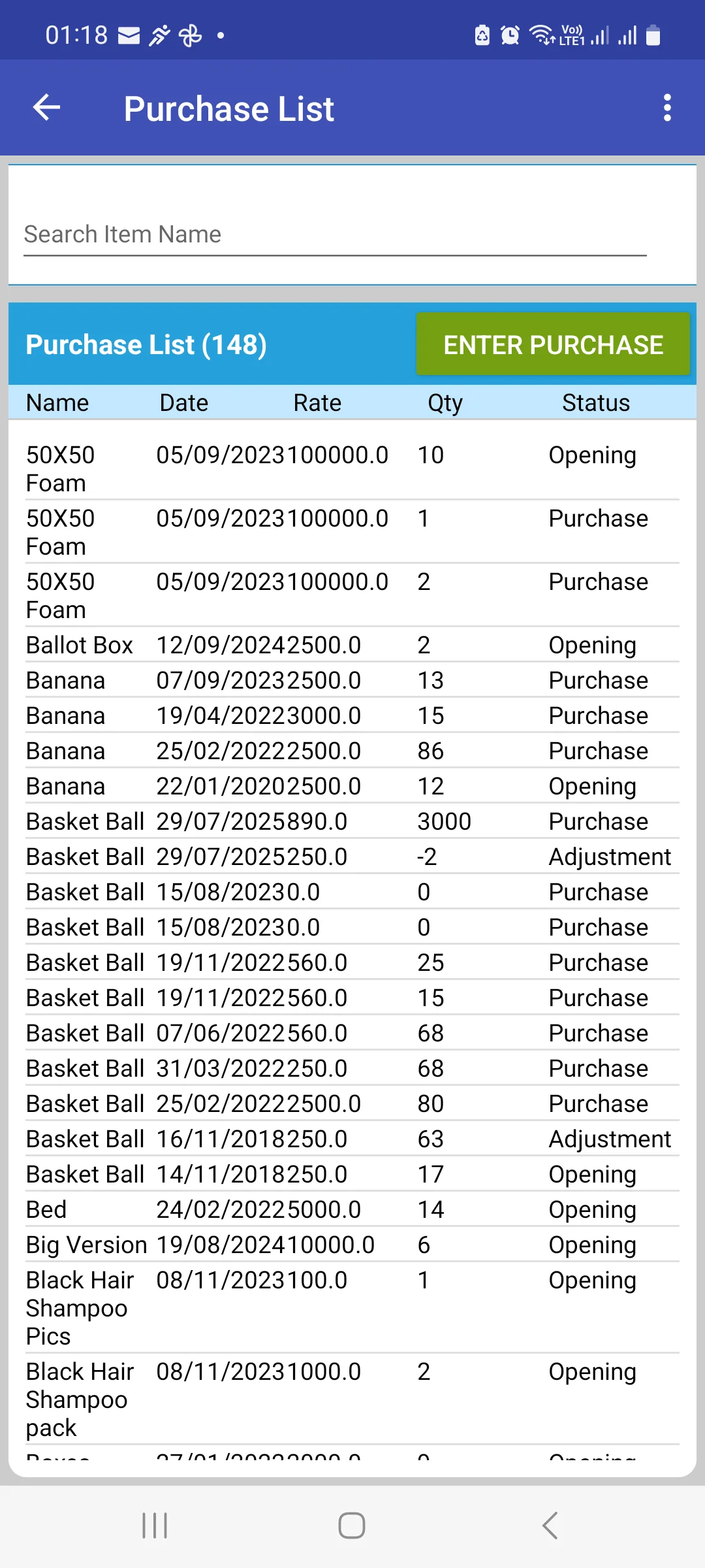 Android Purchase List with a search box, a purchase count, an ENTER PURCHASE button and a table of movements showing name, date, rate, quantity and a status of Opening, Purchase or Adjustment