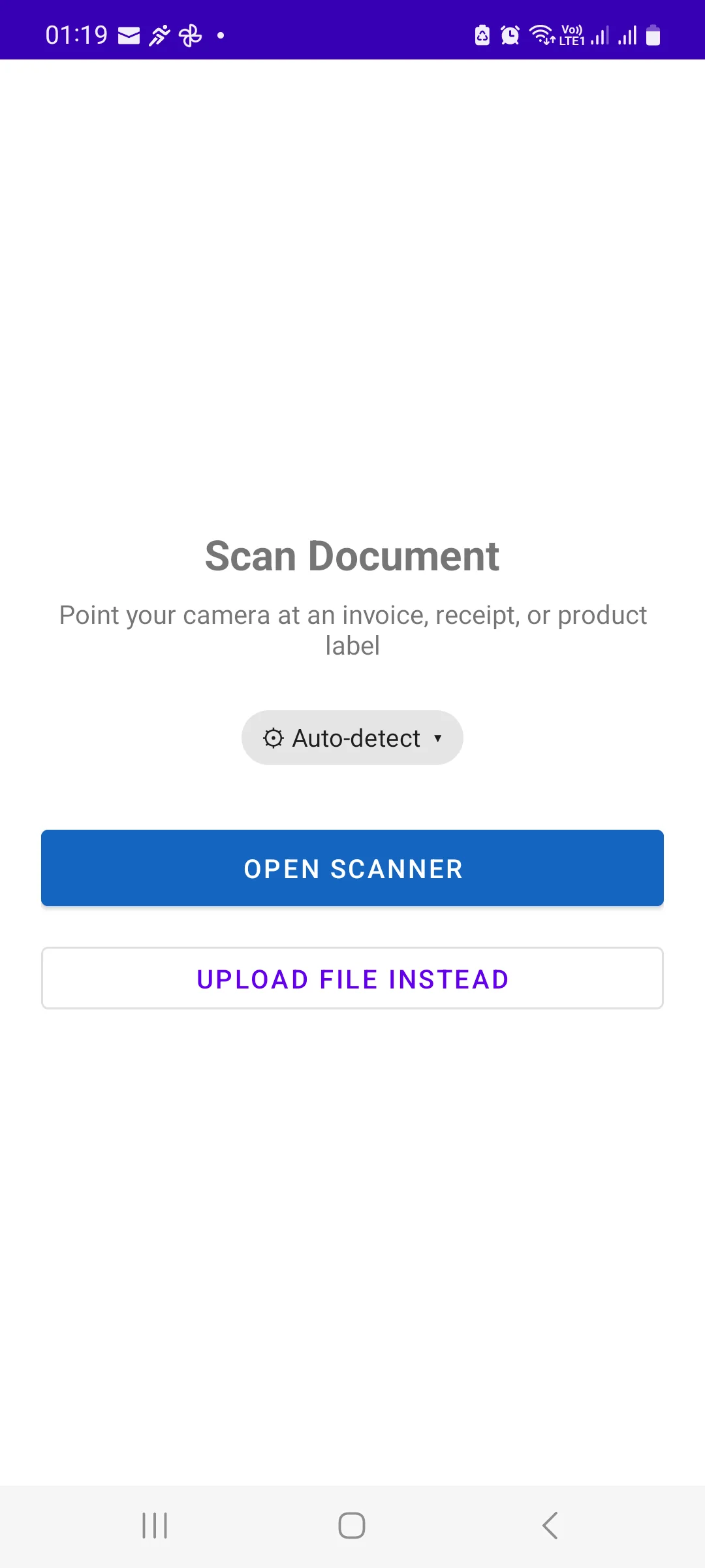 Android Scan Document screen reading point your camera at an invoice, receipt or product label, with an Auto-detect selector, an OPEN SCANNER button and an UPLOAD FILE INSTEAD button