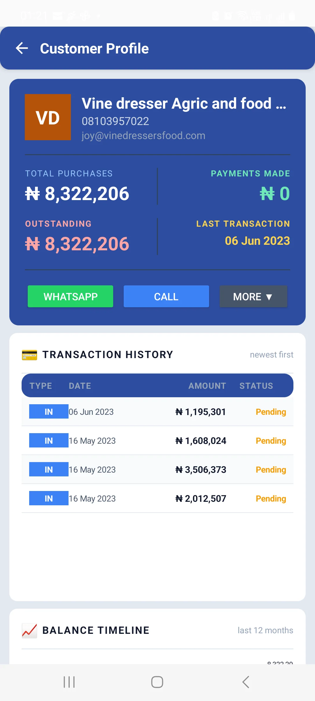 Android Customer Profile showing the customer name, phone and email, total purchases, payments made, outstanding and last transaction, WhatsApp Call and More buttons, a transaction history table and a balance timeline