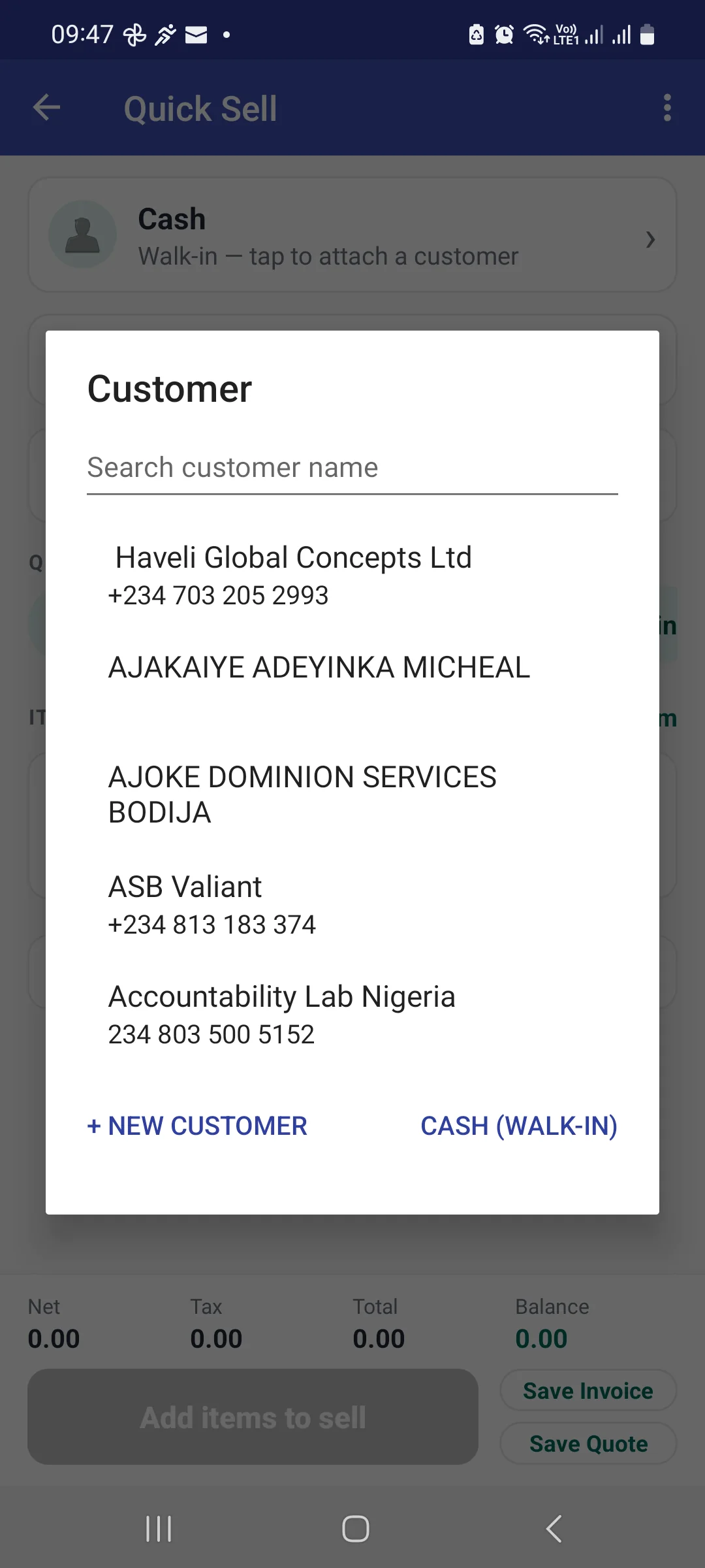 Customer picker over Quick Sell with a search box and a list of customers, plus New Customer and Cash Walk-in options at the foot