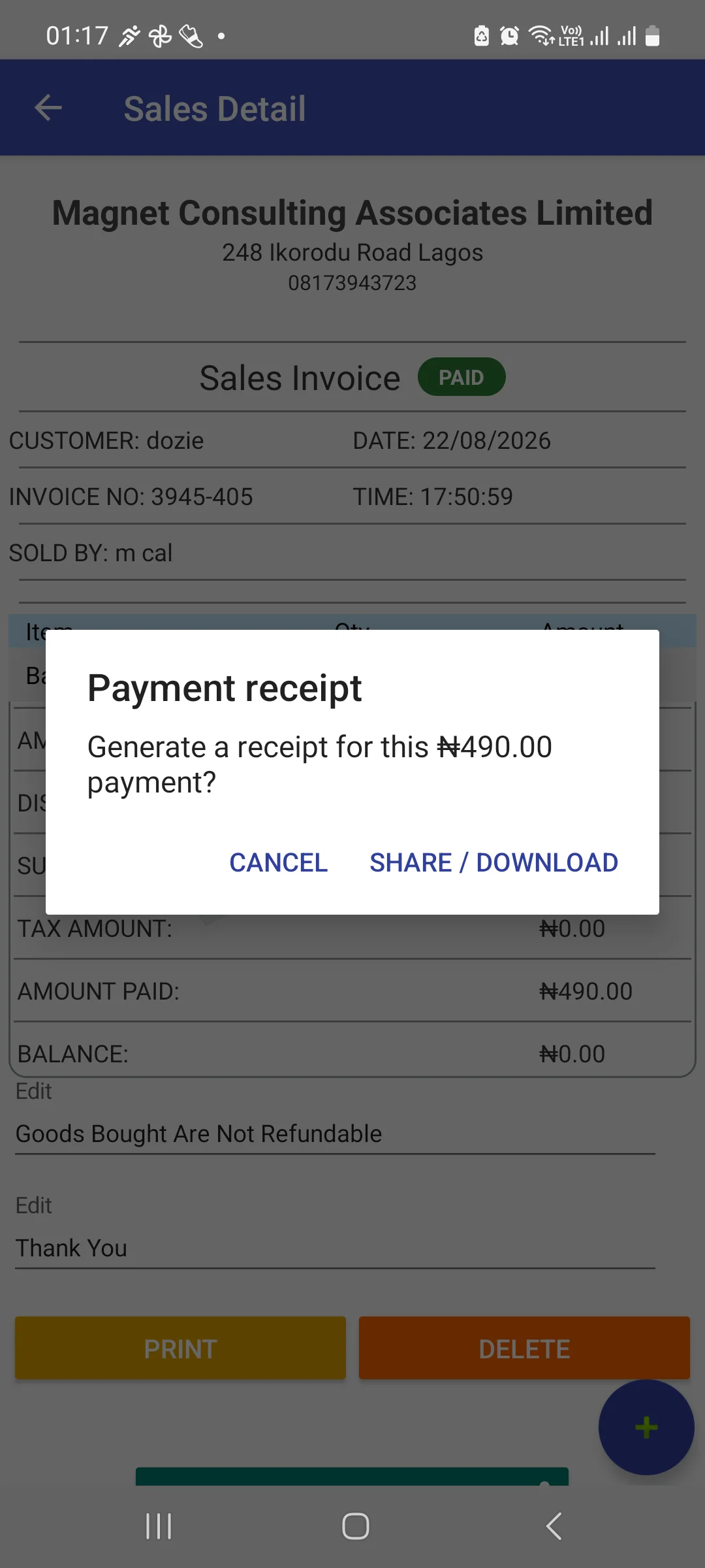 Sales Detail behind a Payment receipt dialog reading Generate a receipt for this 490.00 payment, with Cancel and Share / Download buttons; the invoice behind now shows PAID, amount paid 490.00, balance 0.00