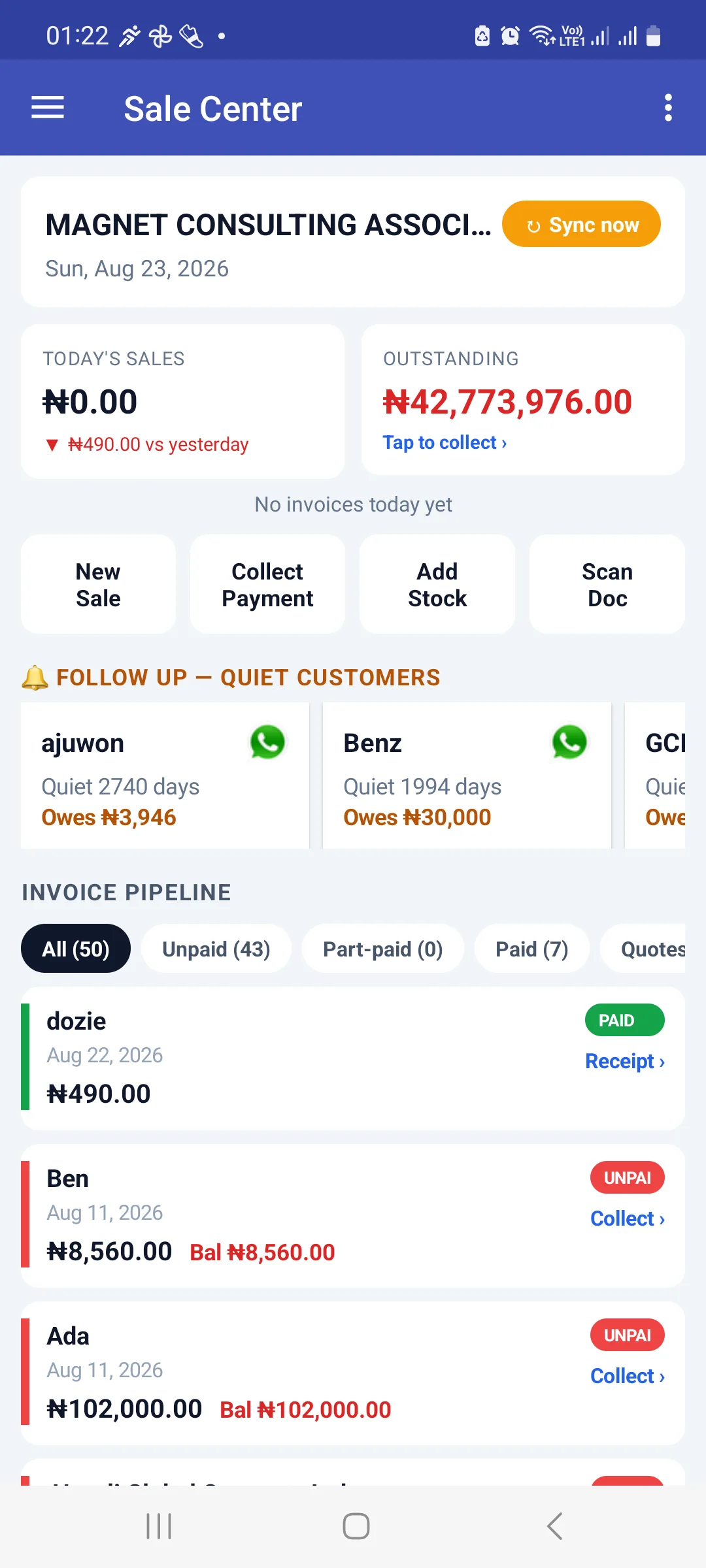 Sale Center after the sale, with an amber Sync now badge in place of the green Synced badge, Today's Sales still 0.00 with a red down arrow against yesterday, an invoice pipeline with All 50, Unpaid 43, Part-paid 0 and Paid 7, and dozie's card at the top marked PAID with a Receipt link