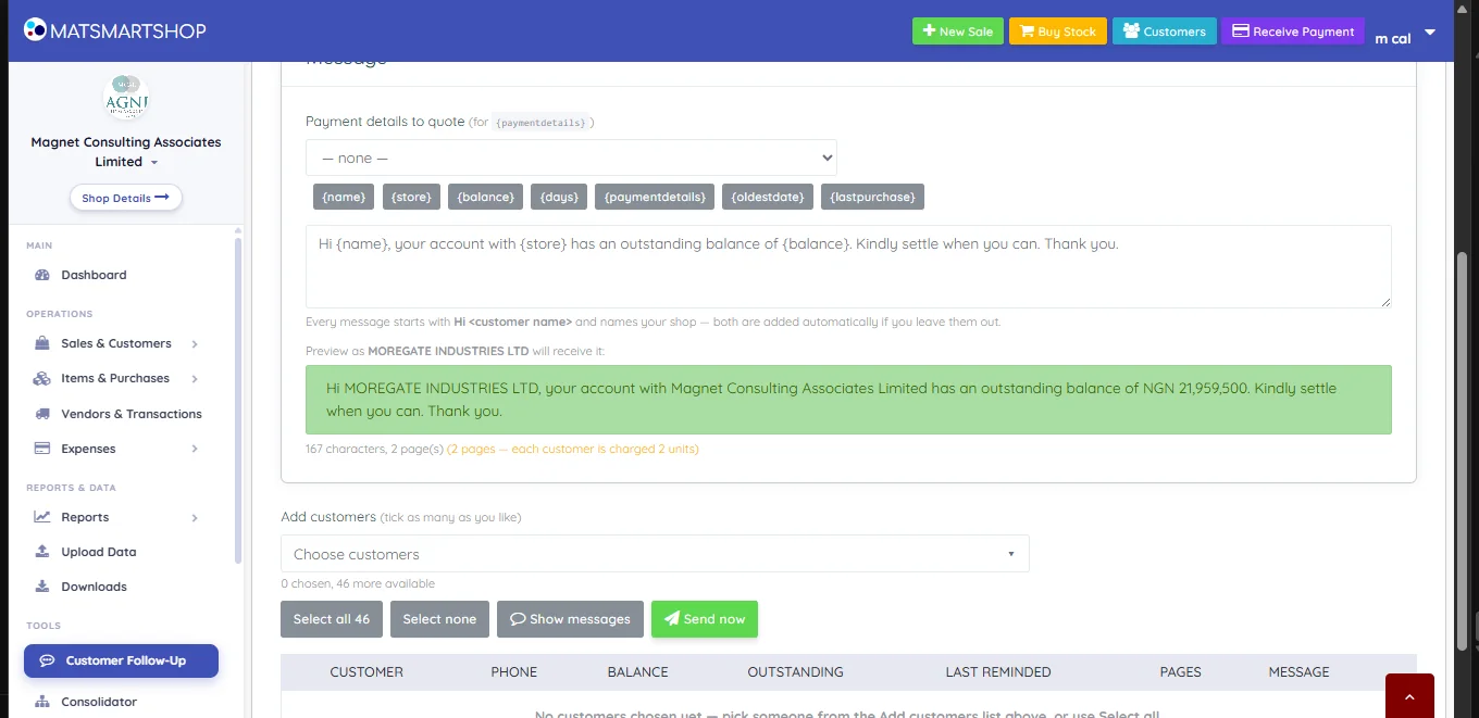 Message panel showing a payment details dropdown, token buttons, the message text, a note that every message starts with the customer name, a green live preview addressed to a real customer, and a line reading 167 characters, 2 pages, each customer is charged 2 units