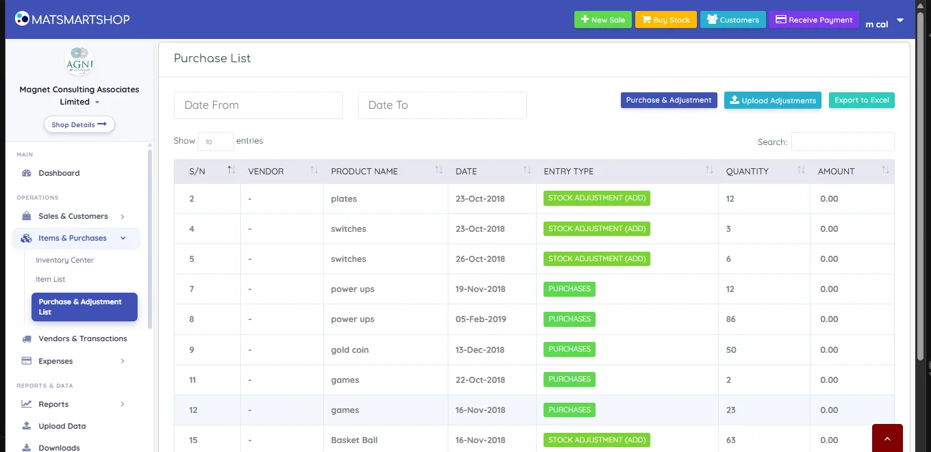 Purchase List with date from and date to filters, Purchase and Adjustment, Upload Adjustments and Export to Excel buttons, and a table with vendor, product name, date, entry type badges reading PURCHASES or STOCK ADJUSTMENT (ADD), quantity and amount
