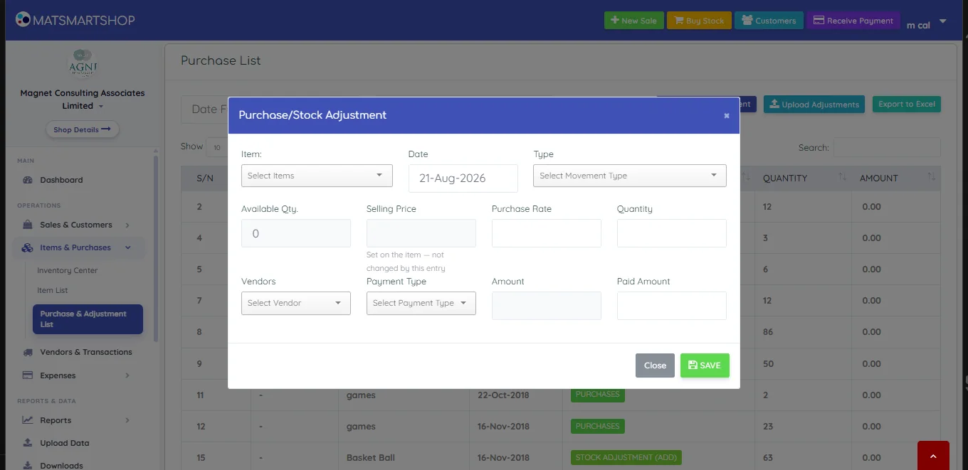 Purchase/Stock Adjustment dialog with fields for item, date, type, available quantity, selling price marked as set on the item and not changed by this entry, purchase rate, quantity, vendors, payment type, amount and paid amount