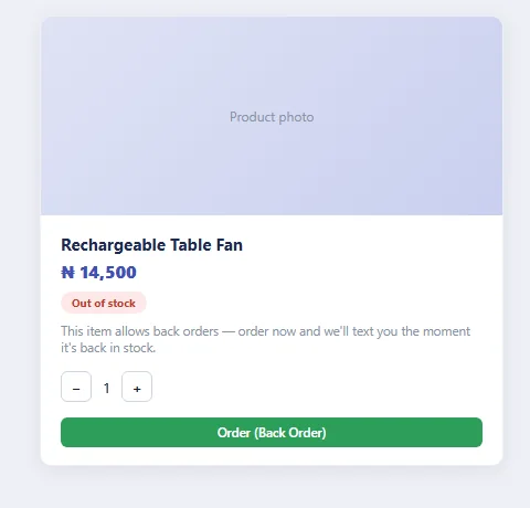 Product page for a Rechargeable Table Fan showing price, an Out of stock badge, a note that back orders are allowed, a quantity selector, and an Order (Back Order) button