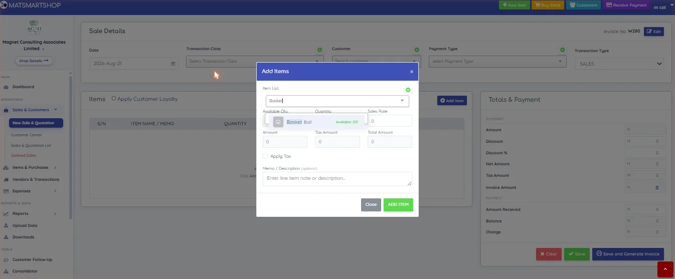 Add Items dialog over the new sale screen, showing an item search with a Basket Ball result displaying a thumbnail and Available 201, plus quantity, sales rate, amount, tax amount and total amount fields, an Apply Tax tick box and a memo field