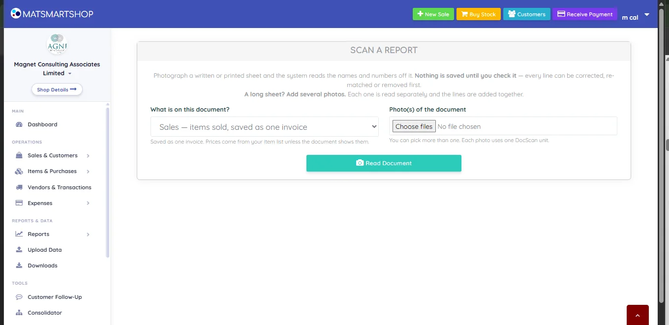 Scan A Report screen with a document type dropdown, a Choose files control for photos, and a Read Document button, with explanatory text saying nothing is saved until you check it