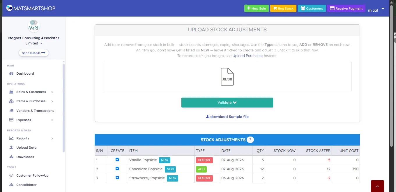 Stock adjustment preview table with three rows, each with a CREATE tick box and a NEW badge, ADD and REMOVE type badges, date, quantity, stock now, stock after showing negative values in red, and unit cost