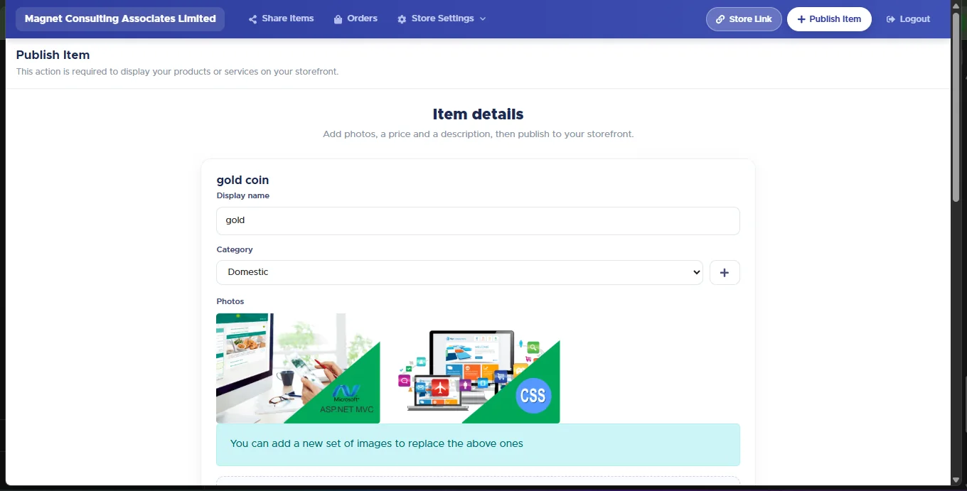 Publish Item form showing Item details heading, Display name, Category dropdown with an add button, and existing item photos