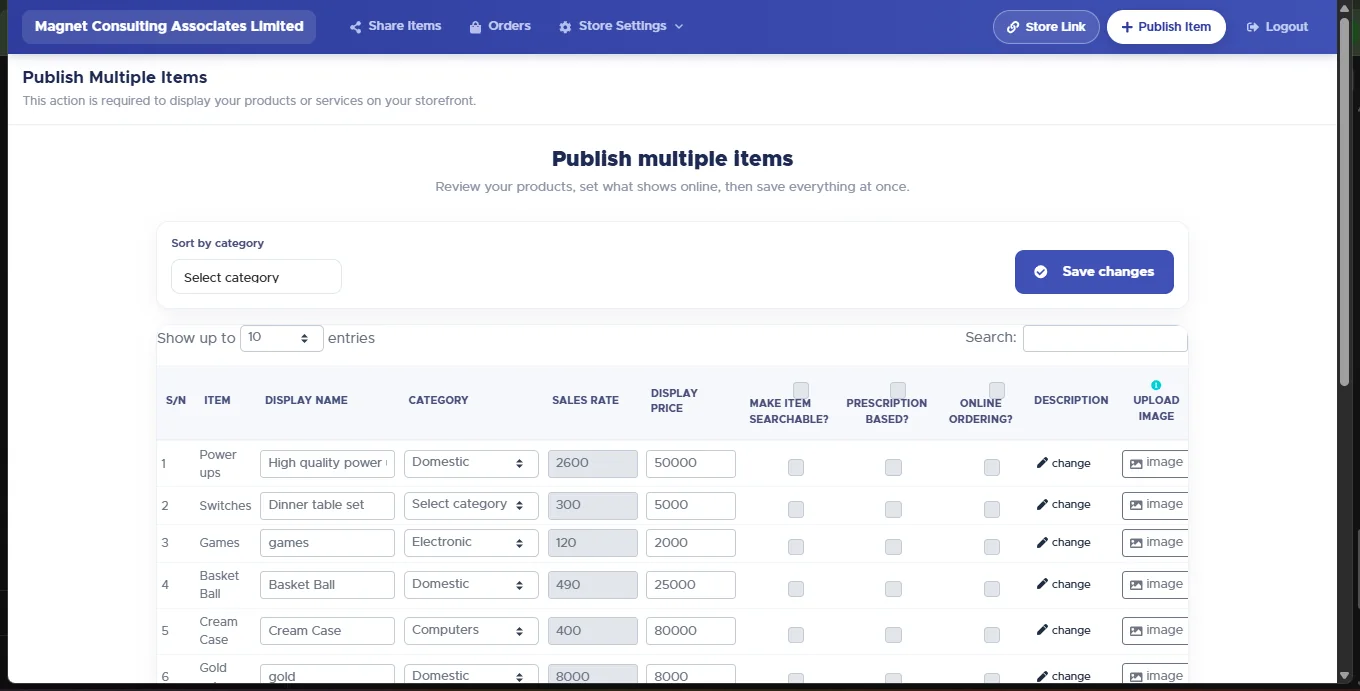 Publish multiple items grid with columns for display name, category, sales rate, display price, searchable, prescription based, online ordering, description and image upload