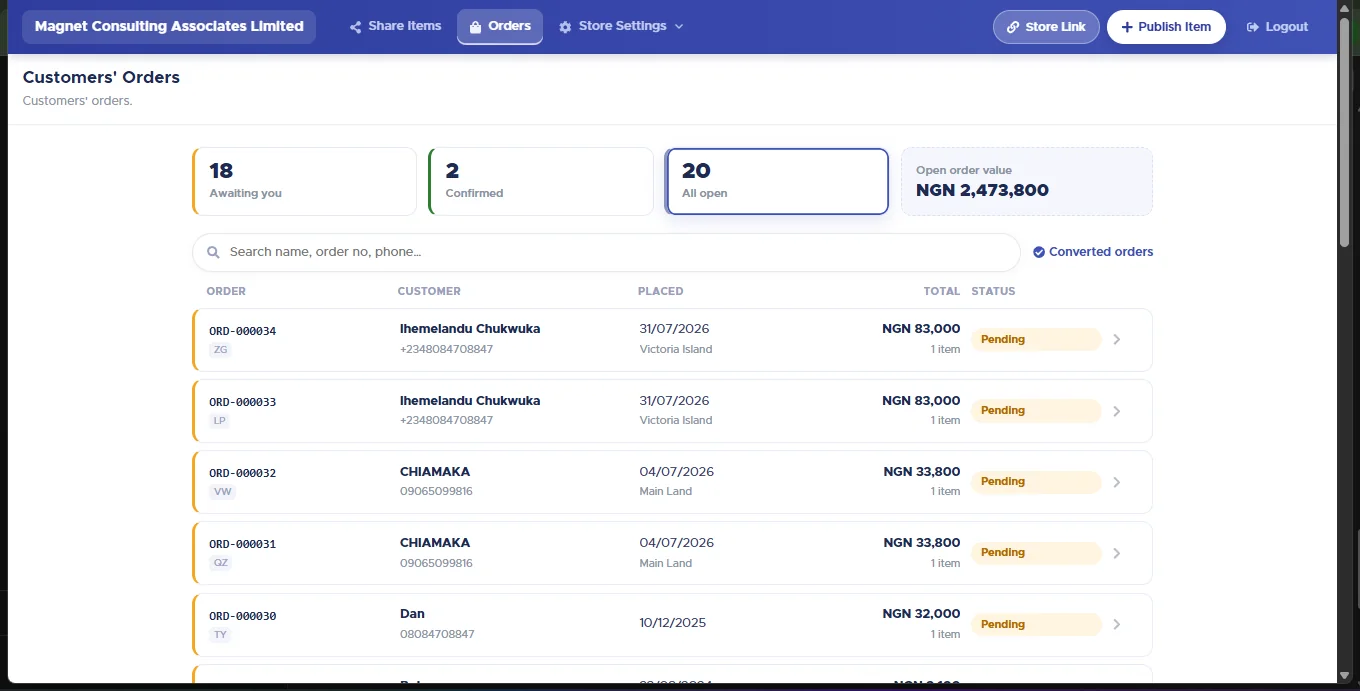 Customers' Orders screen with counters for Awaiting you, Confirmed, All open and Open order value, a search box, and a list of orders with numbers, customers, dates, totals and Pending statuses