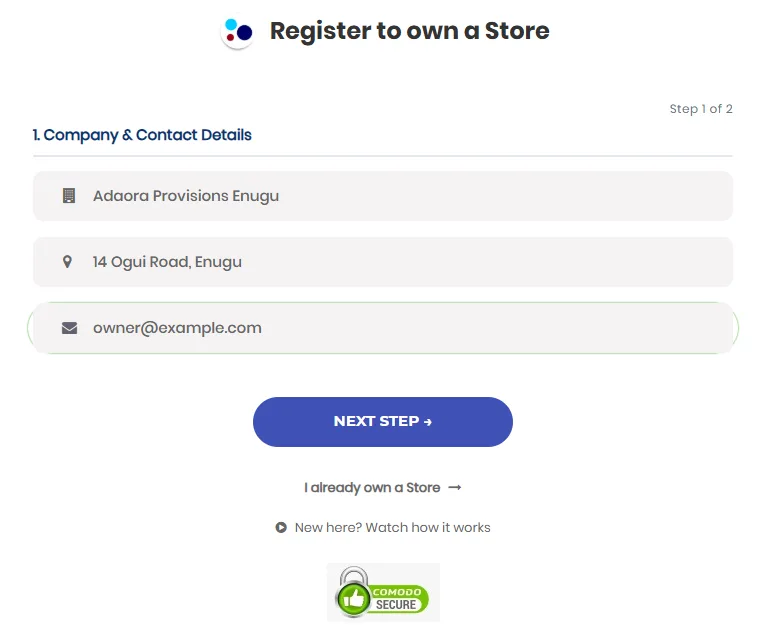 The Register to own a Store form asking for business name, address and email