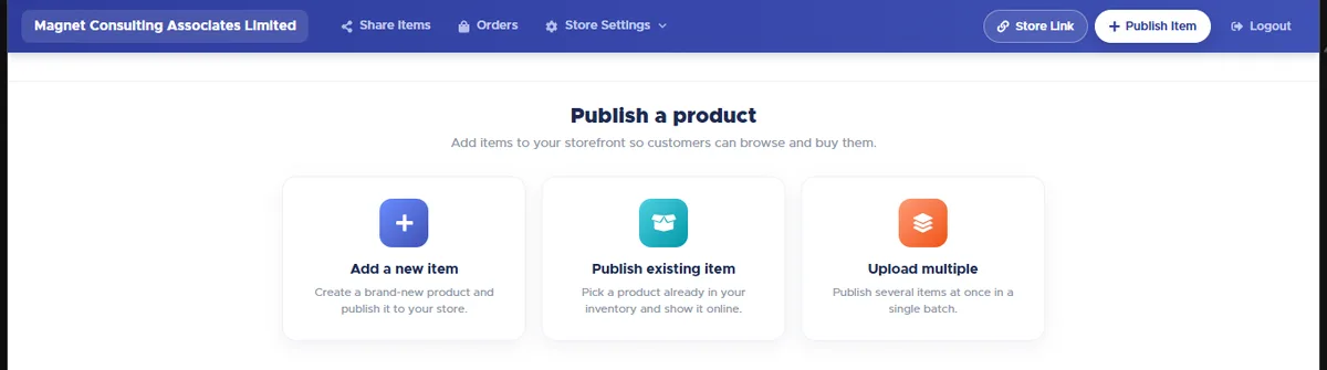 Publish a product page with three choices: Add a new item, Publish existing item, Upload multiple