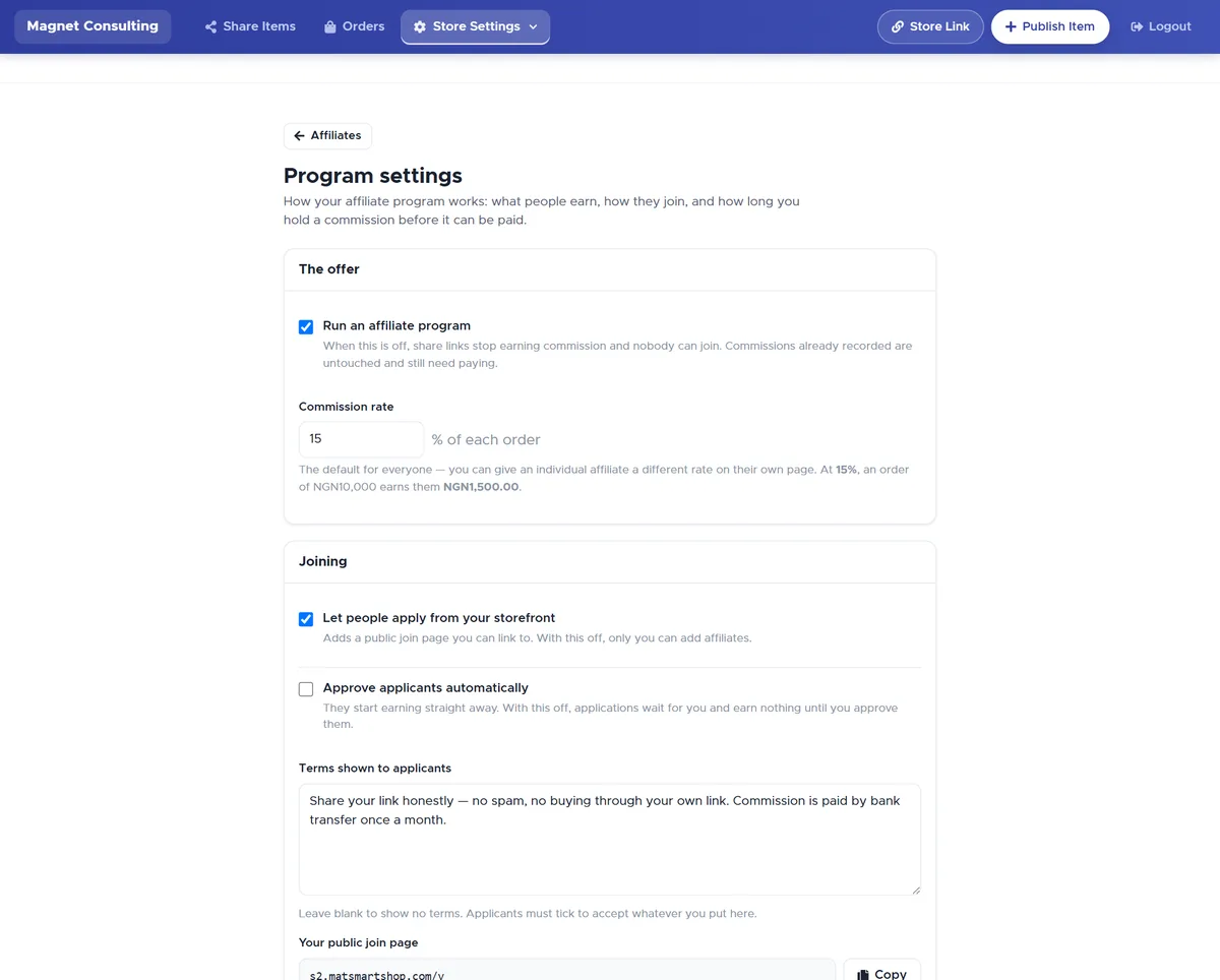 Affiliate program settings with commission rate, joining options and payout rules